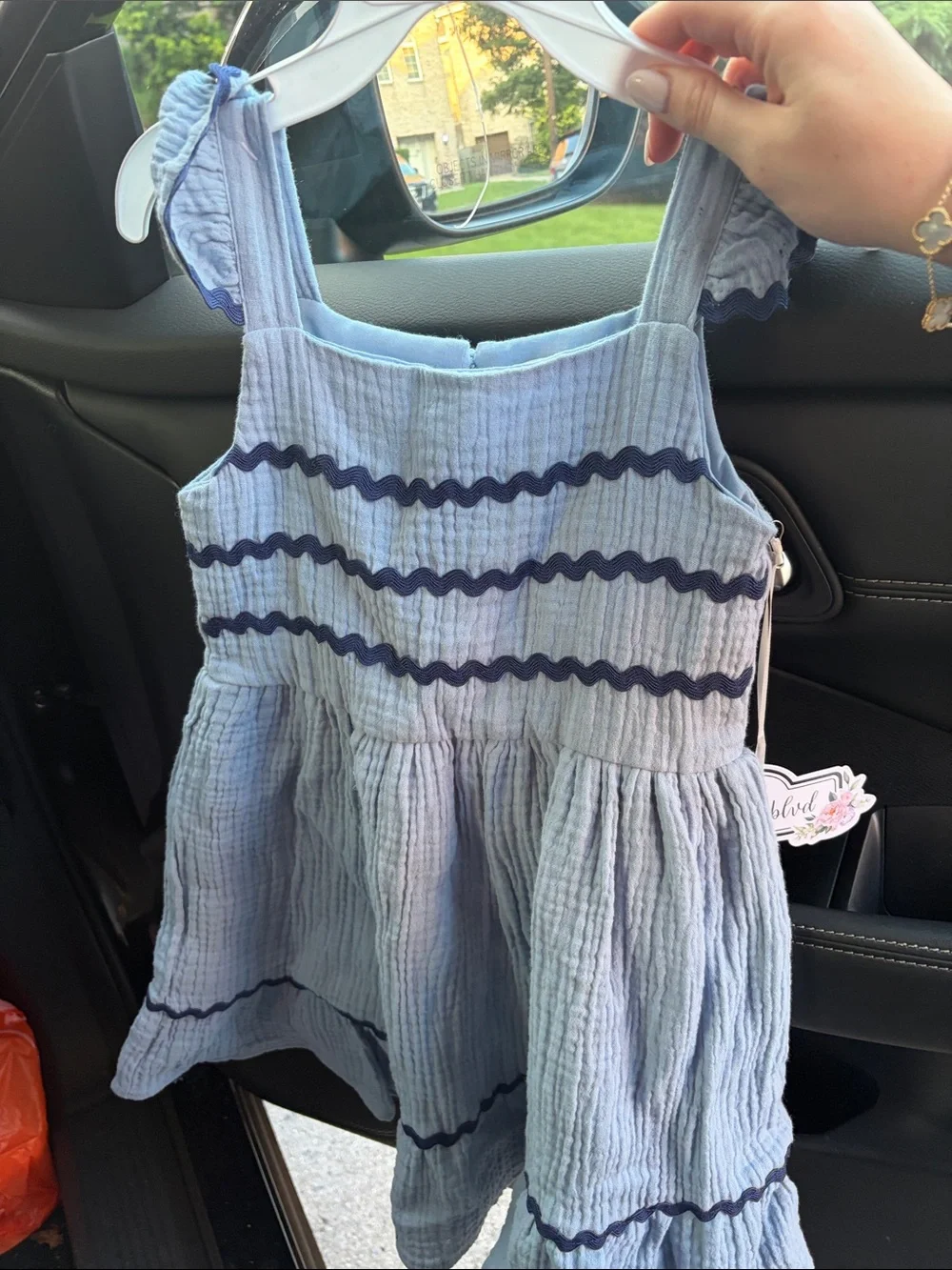 Light Blue Ruffle Strap Dress with Navy Trim